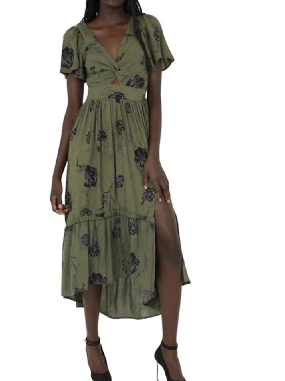 Angie Olive Floral High-Low Midi Dress With Cutout and Side Slit NWT